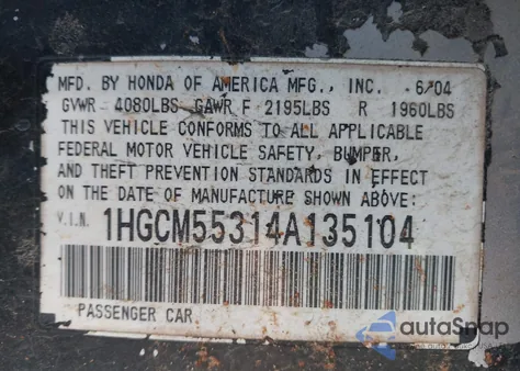 2004 Honda Accord 2.4 Lx z USA, uszkodzony, nr VIN 1HGCM55314A135104